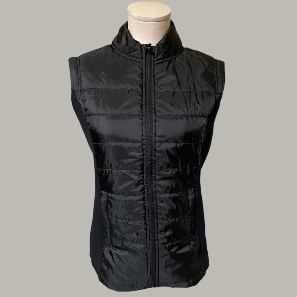 TCA Black Puffer Vest Women’s Sz M. Ribbed Stretch Sides / Side Pockets